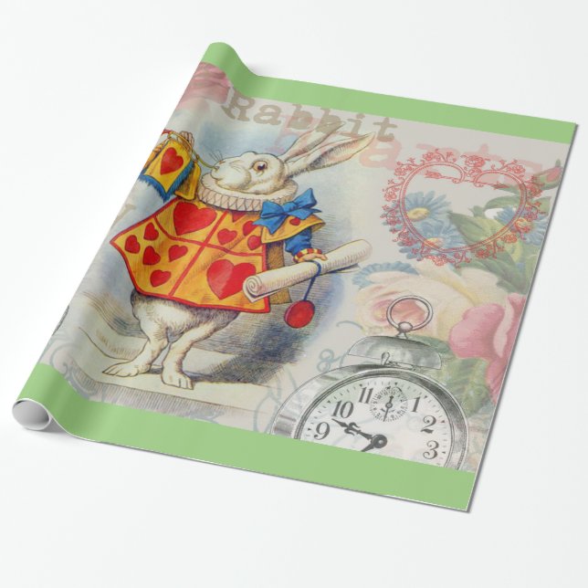 Papier Cadeau Cœurs de Lapin Blanc Alice Classique (Déroulé)