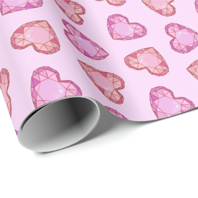 Papier Cadeau Cœurs de pierres précieuses Saint-Valentin rose mi (Coin rond)