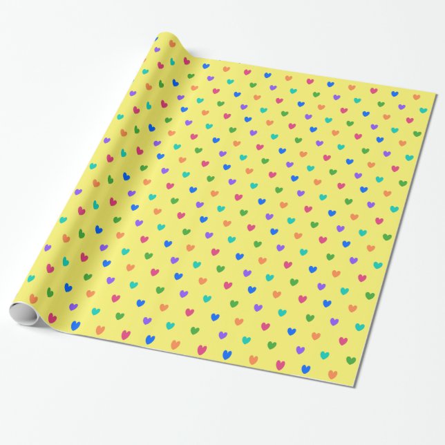 Papier Cadeau Coeurs de polka arc-en-ciel sur jaune (Déroulé)
