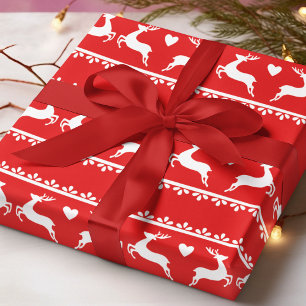 Papier Cadeau Cœurs de rennes scandinaves rouge blanc Noël