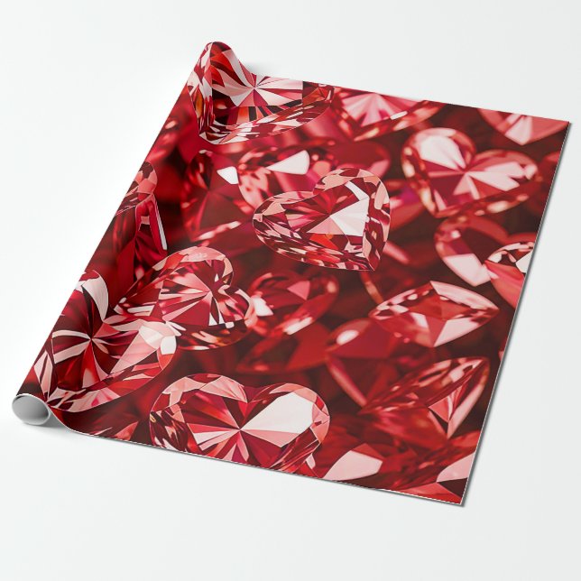 Papier Cadeau Coeurs Diamants en Cristal Rouge (Déroulé)