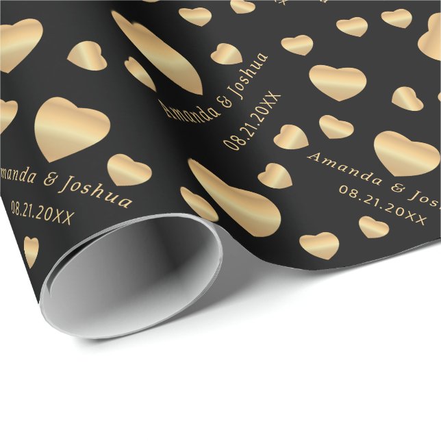 Papier Cadeau Coeurs d'or en noir (Coin rond)