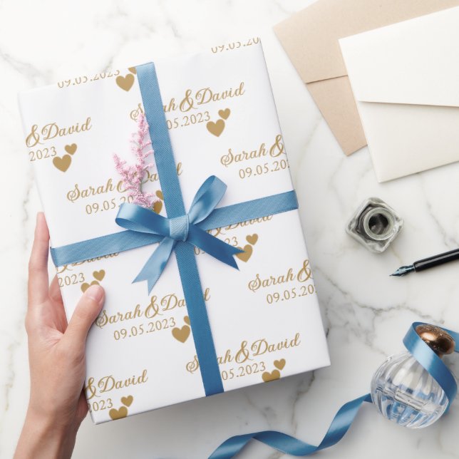 Papier Cadeau Coeurs d'or Mariage personnalisés (Cadeaux)