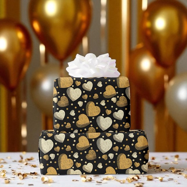 Papier Cadeau Coeurs d'or, Noir élégant, Fête de luxe (Luxe gold hearts on black glam gift wrap for birthdays, weddings, and special celebrations.)