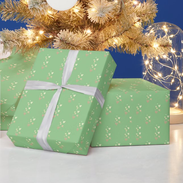 Papier Cadeau Cœurs dorés mignons verts  (Vacances)