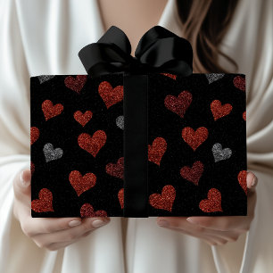Papier Cadeau Cœurs en paillettes argentées sur fond noir Bourgo