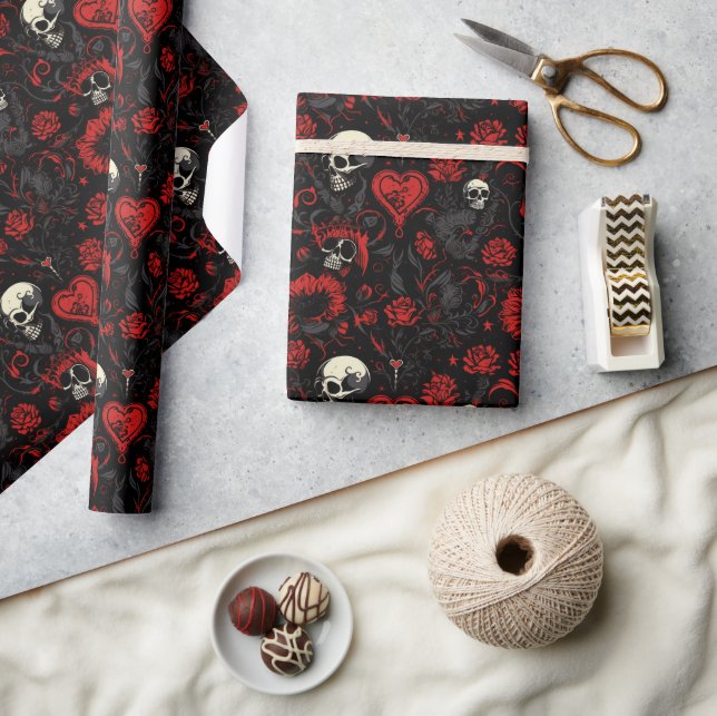 Papier Cadeau Cœurs et crânes rouges gothiques (Artisanat)