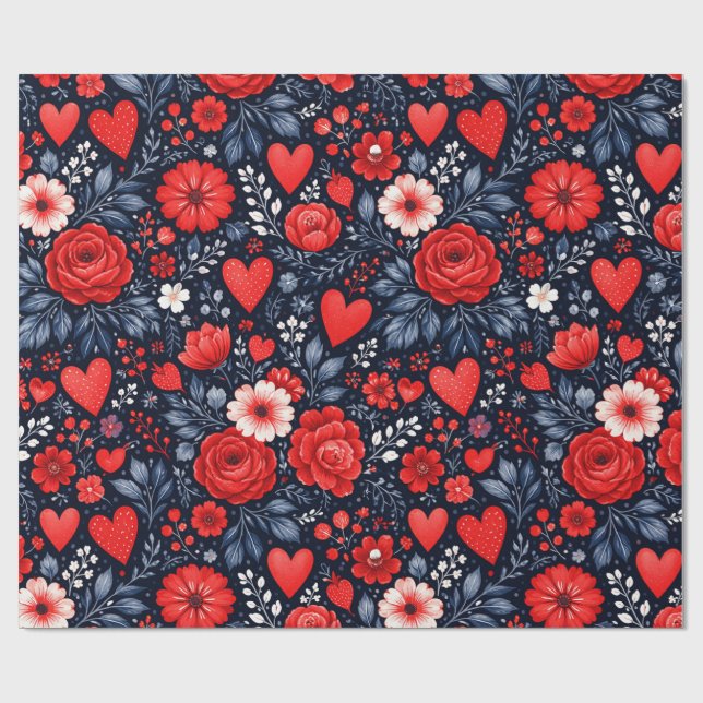 Papier Cadeau Cœurs et Fleurs Fantaisistes (Plat)