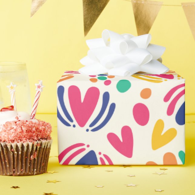 Papier Cadeau Coeurs et Pois colorés (Fête d'anniversaire)