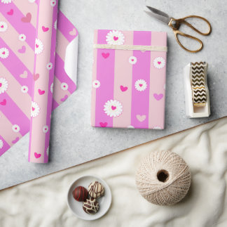Papier Cadeau Cœurs et rayures de fleurs