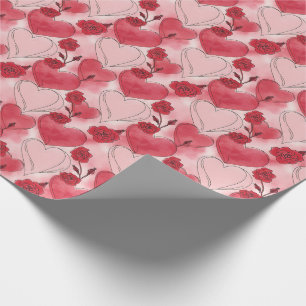Papier Cadeau Cœurs et roses rouge cramoisi et rose tendre