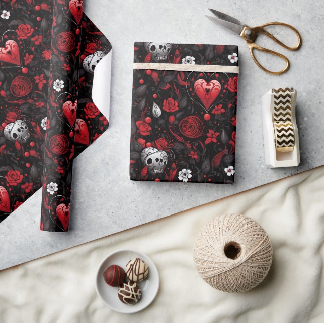 Papier Cadeau Cœurs et roses rouges gothiques  (Artisanat)