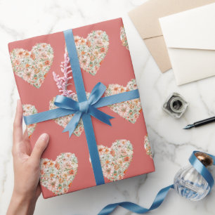 Papier Cadeau Cœurs Fleuris Rouge Baie Anniversaire