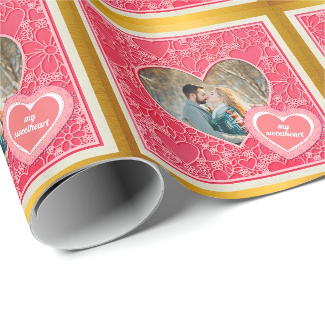 Papier Cadeau Coeurs floraux rouges et roses élégants Saint-Vale (Coin rond)