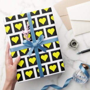 Papier Cadeau Coeurs jaunes Noir Géométrique Abstrait
