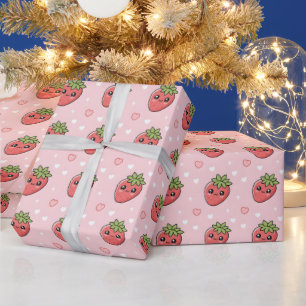 Papier Cadeau Cœurs Kawaii de Fraise Saint-Valentin