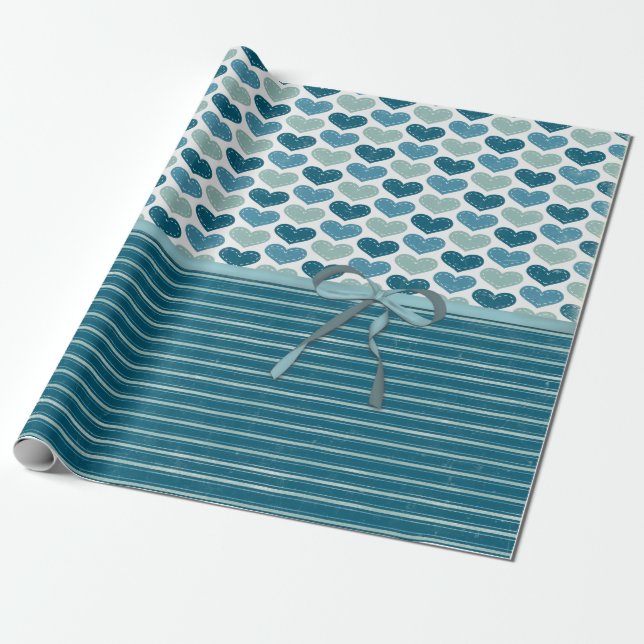 Papier Cadeau Cœurs mignons rayures et nœud  (Déroulé)