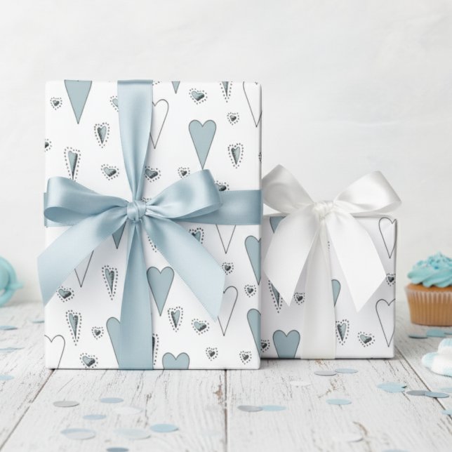 Papier Cadeau Coeurs neutres de genre bleu et blanc tendance (Cute Blue Hearts Wrapping Paper for Boy Baby Shower or Valentine's Day. Heart & Polka Dots Pattern)