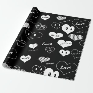 Papier Cadeau Coeurs noir et blanc Aimer Xoxo Wrapping Papier