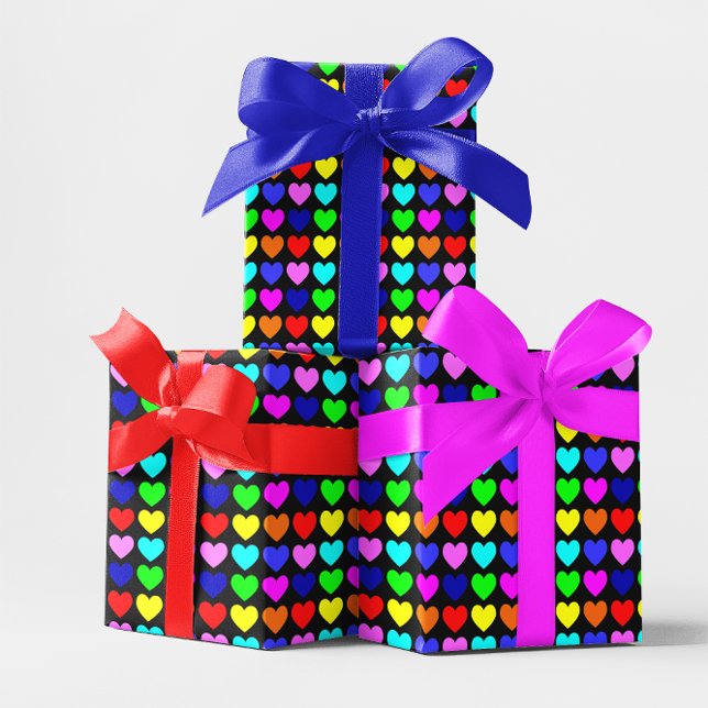 Papier Cadeau Coeurs noirs et multicolores (Black and Multicolored Hearts Wrapping Paper)