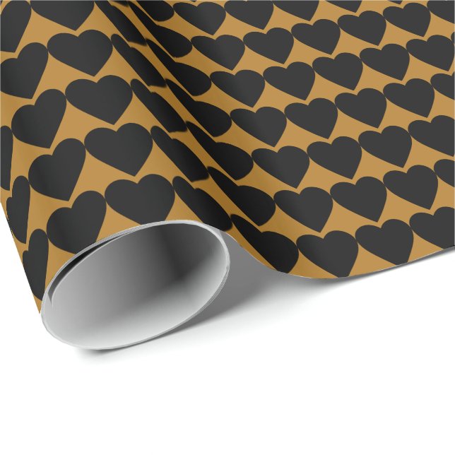 Papier Cadeau Cœurs noirs sur fond or mat (Coin rond)