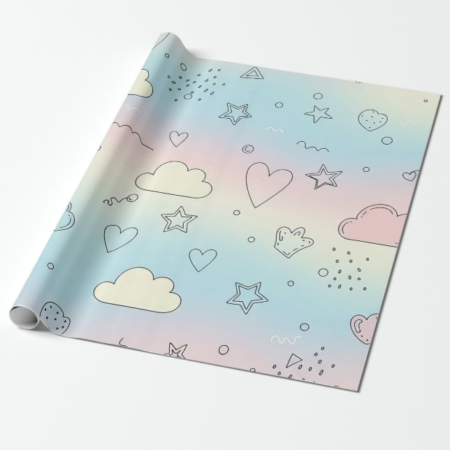 Papier Cadeau Cœurs pastel et nuages Aquarelle Rêve (8) (Déroulé)