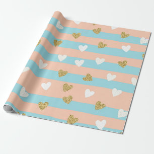 Papier Cadeau Cœurs Pastel Mignons Rayure avec Or Brillants