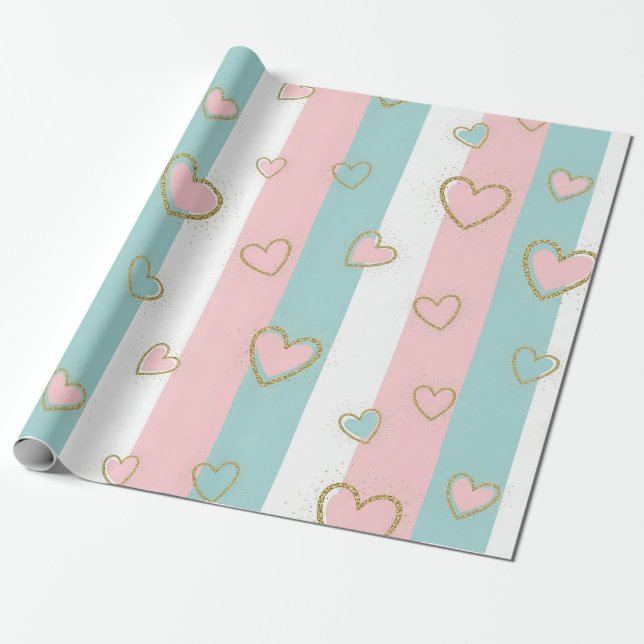 Papier Cadeau Cœurs pastel modernes avec des reflets dorés subti (Déroulé)