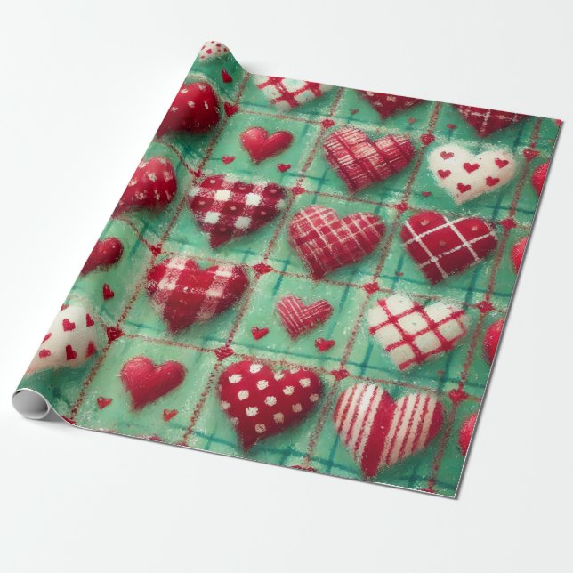 Papier Cadeau Cœurs piqués de Noël Vert Rouge Blanc  (Déroulé)