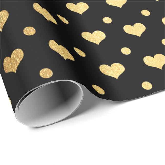 Papier Cadeau Coeurs Pois d'or Confetti Black Metallic (Coin rond)