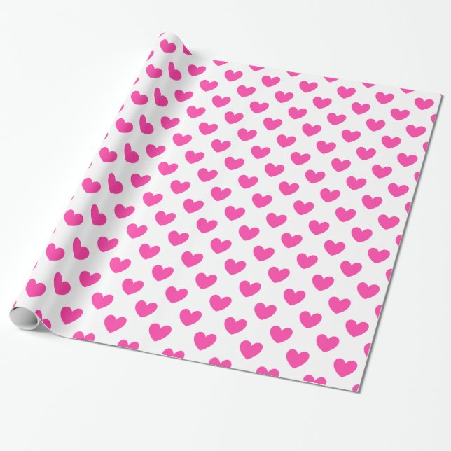 Papier Cadeau Cœurs pois rose fuchsia sur fond blanc (Déroulé)