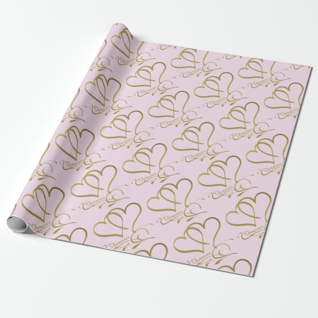 Papier Cadeau Cœurs pour toujours or sur rose (Déroulé)