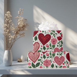 Papier Cadeau Cœurs Romantiques Rencontre Élégance Botanique Rus