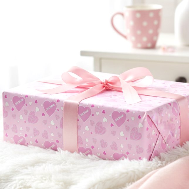 Papier Cadeau Cœurs Rose Pâle Et Nom (Pale pink hearts + your name = the prettiest gift wrap ever.)