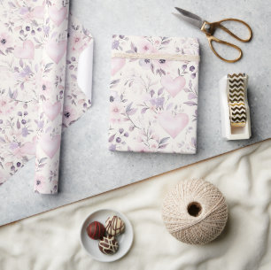 Papier Cadeau Cœurs Rose Pâle Fleurs Violettes Anniversaire