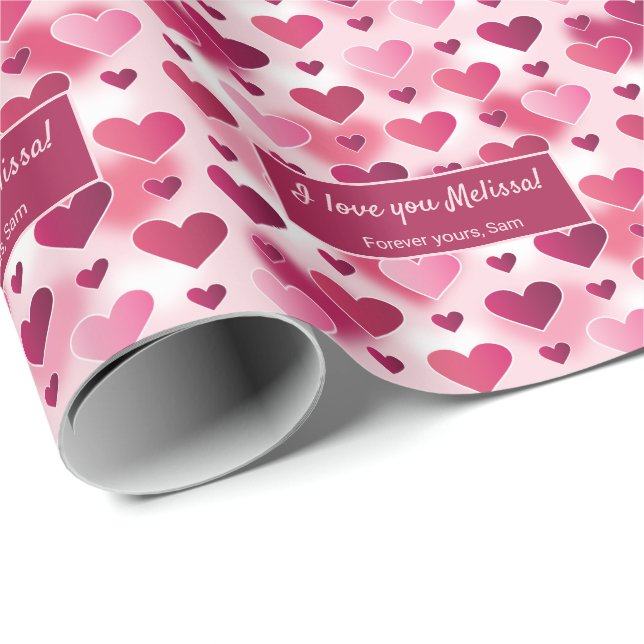 Papier Cadeau Coeurs roses & Personnalisé I Love You Texte Saint (Coin rond)