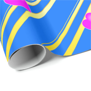 Papier Cadeau Cœurs roses sur fond bleu rayures dorées