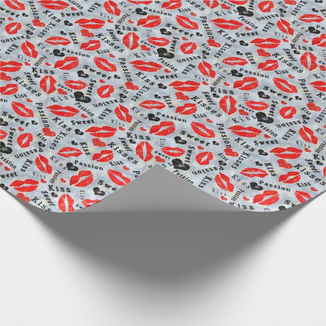Papier Cadeau Coeurs, rouge, noir, empreintes de lèvres, baiser (Coin)