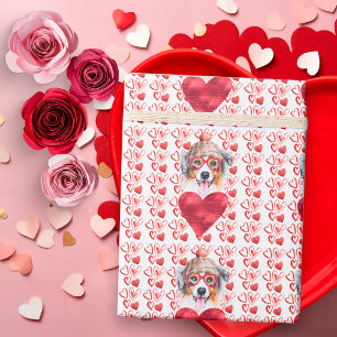 Papier Cadeau Cœurs Rouges Amoureux de Berger Australien pour la