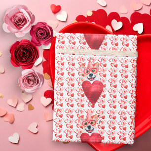 Papier Cadeau Cœurs Rouges Amoureux de Chiens Corgi Saint-Valent