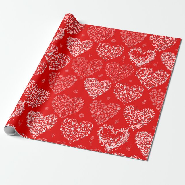 Papier Cadeau Coeurs rouges et blancs Heureuses Saintes-Valentin (Déroulé)