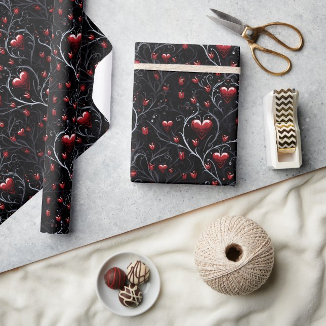 Papier Cadeau Cœurs rouges gothiques gris métal lignes fines (Artisanat)