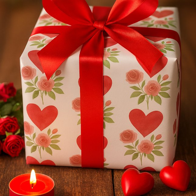 Papier Cadeau Cœurs rouges Roses roses Amour  (Créateur téléchargé)