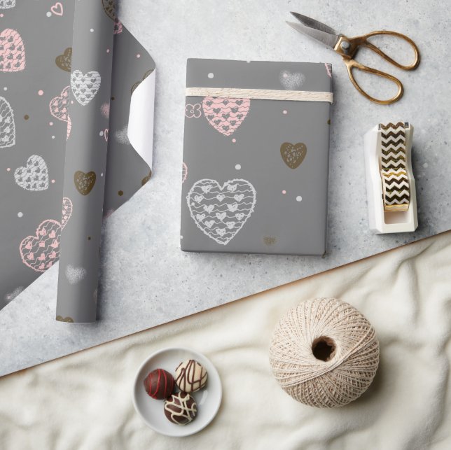 Papier Cadeau Coeurs scandinaves rose et gris (Artisanat)