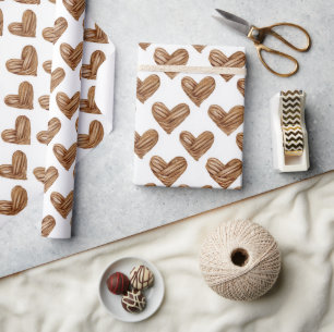 Papier Cadeau Cœurs Tissés Marron Rustique Anniversaire