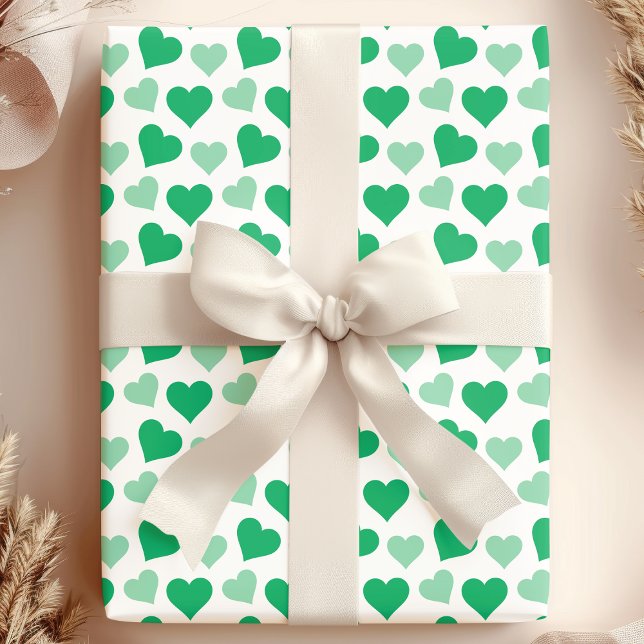 Papier Cadeau Coeurs verts de charme sur papier blanc (Créateur téléchargé)