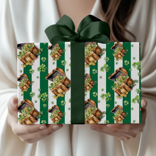 Papier Cadeau Coffre au Trésor Chic Rayé Vert de Bouteille Vinta