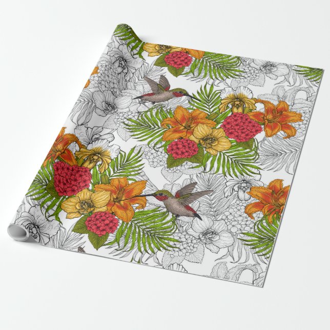 Papier Cadeau Colibris et bouquet tropical (Déroulé)