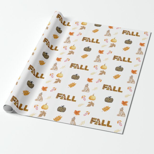Papier Cadeau Collage d'automne avec citrouilles, feuilles dorée (Déroulé)