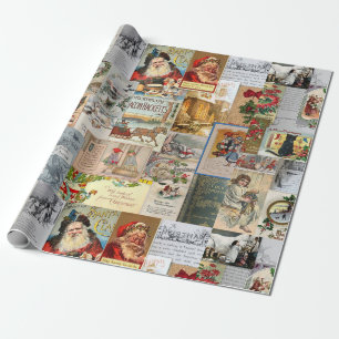 Papier Cadeau Collage de découpage d'éphémères de Noël antiques
